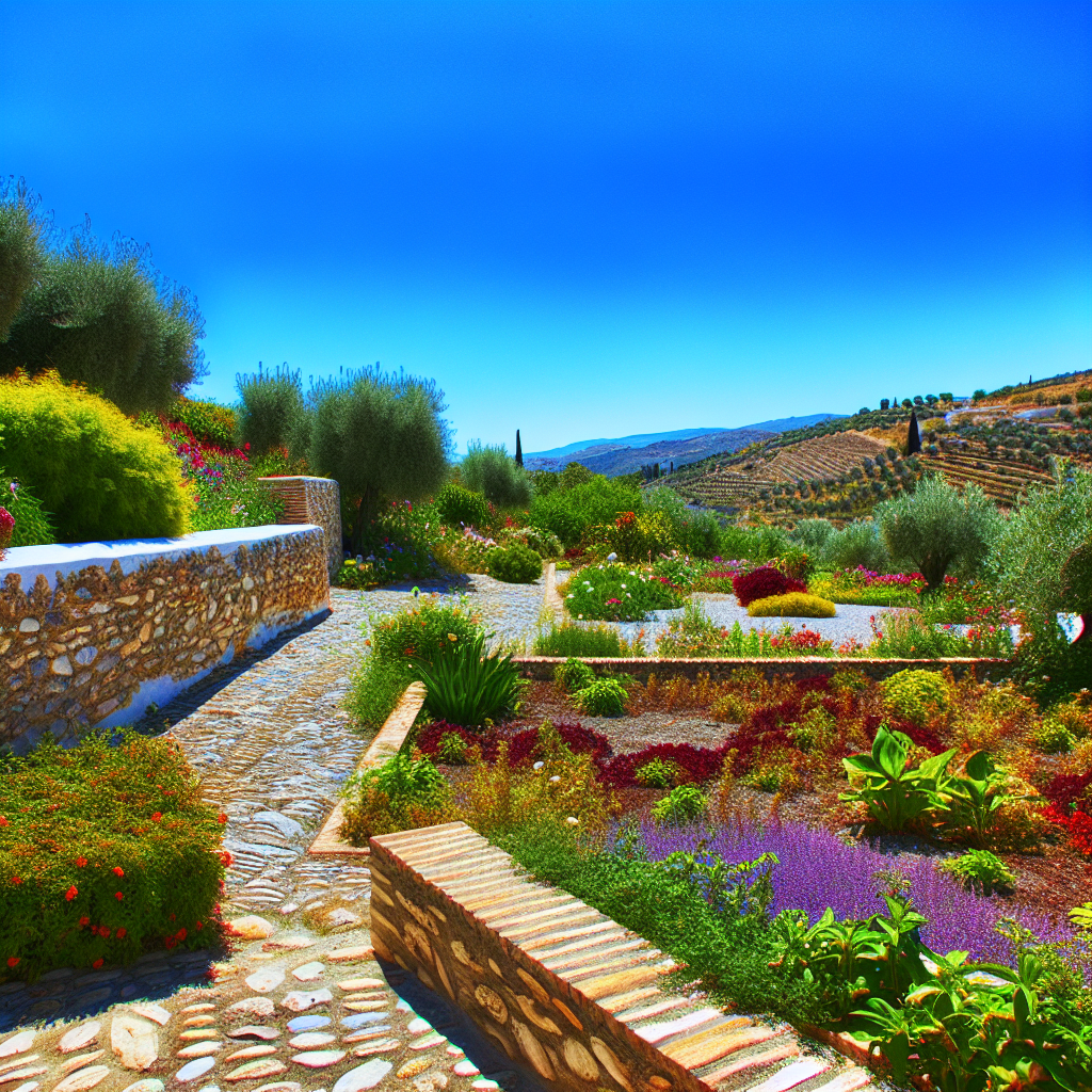 Kleurrijke tuin met steenpad en heuvelachtig landschap.