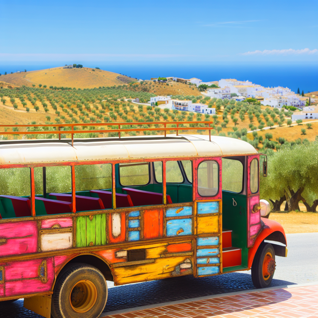Gekleurde bus in mediterraans landschap