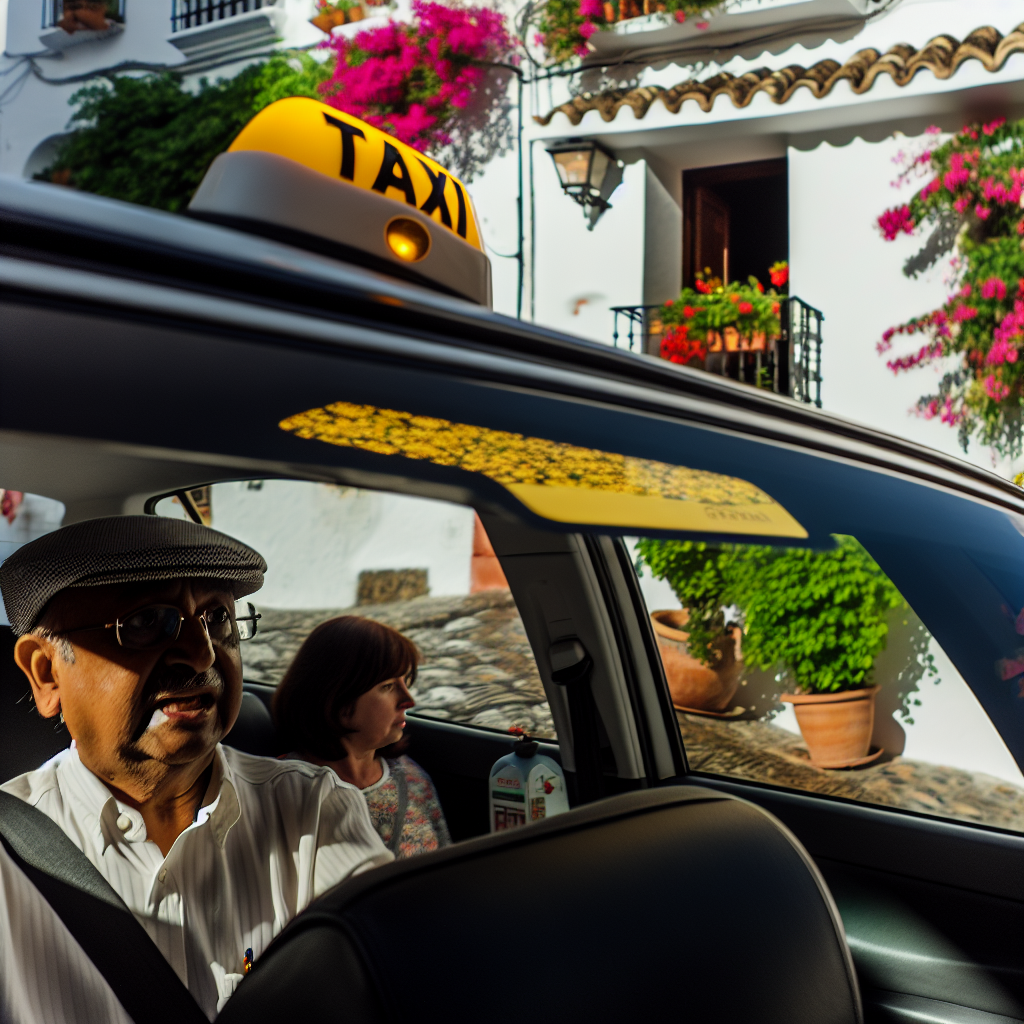 Taxi met passagiers in schilderachtige straat.