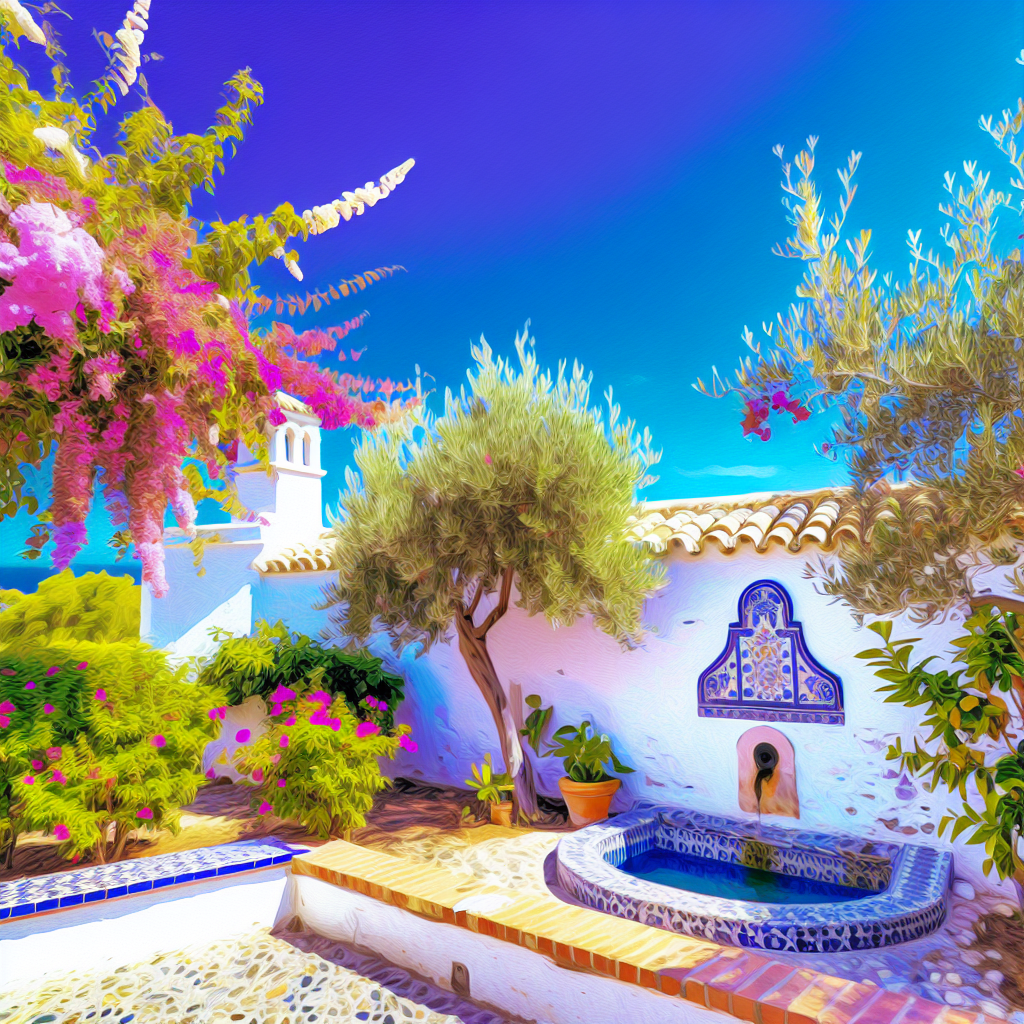 Kleurrijk Mediterraans tuinlandschap met fontein en bloemen.