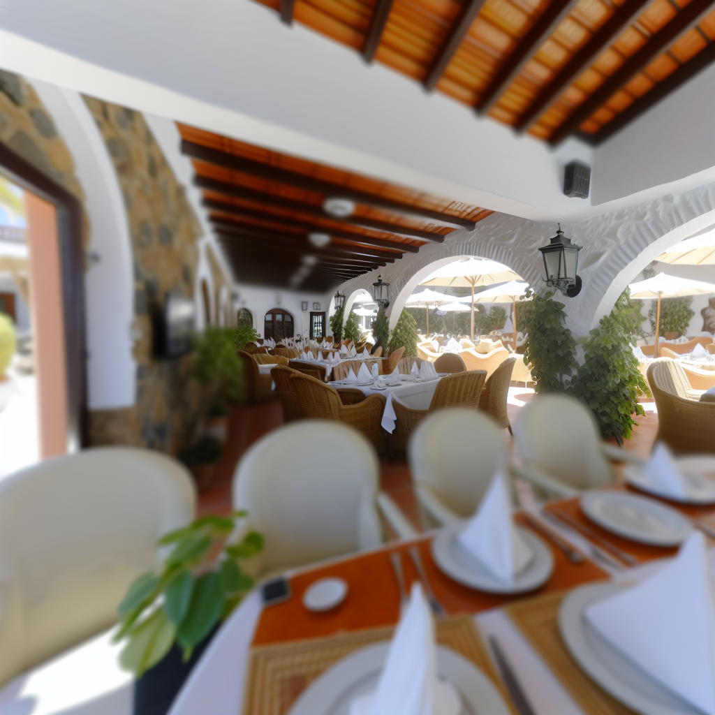 Terras van restaurant met gedekte tafels en rotan stoelen.