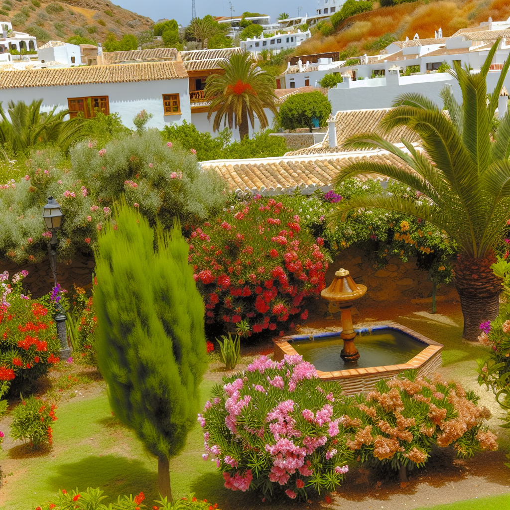Mediterraanse tuin met bloemen en fontein.