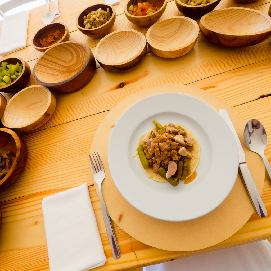 Gerecht met kip en groenten, houten serveerschalen op tafel.