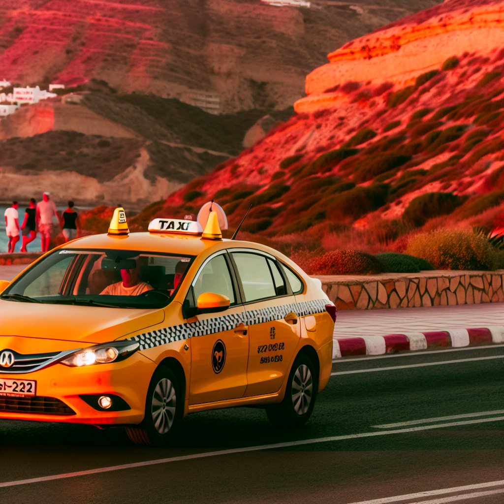 Gele taxi rijdt bij zonsondergang met heuvels op achtergrond.