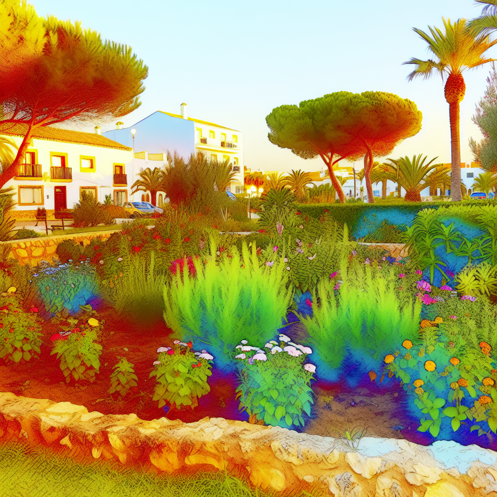 Kleurrijke tuin bij mediterraans wit gebouw en palmbomen.