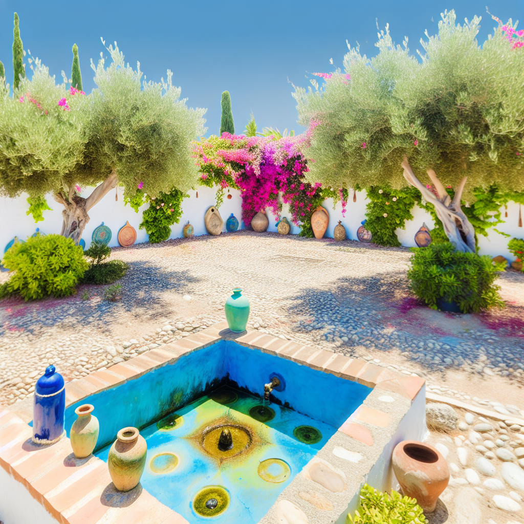 Kleurrijke mediterrane tuin met fontein en bloemen.