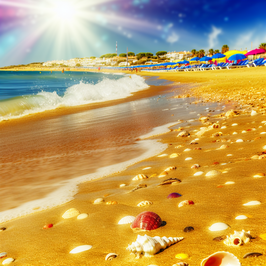 Zonnig strand met schelpen en blauwe parasols.