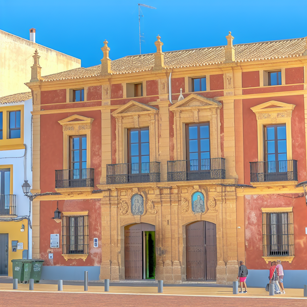 Historisch rood-geel gebouw met voetgangers in Spanje.