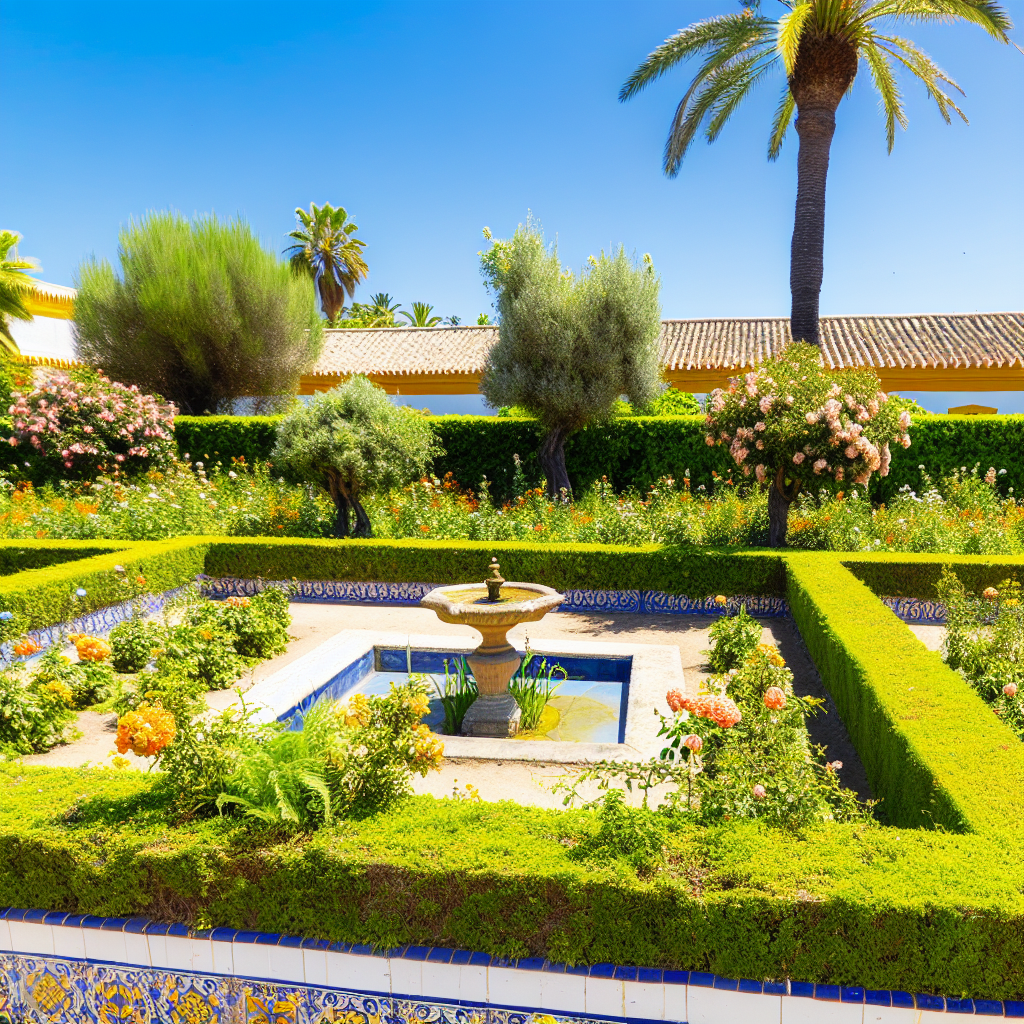 Mediterrane tuin met fontein en bloeiende planten.