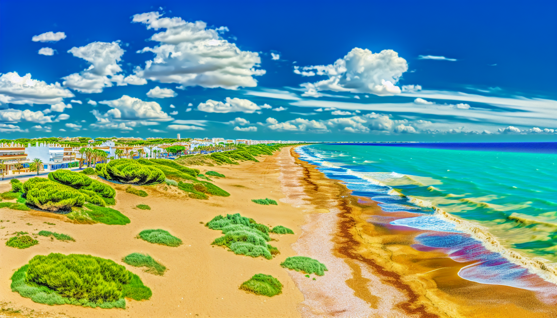 Kleurrijk strand met duinen en helderblauwe zee.