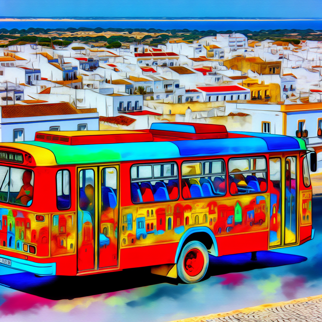 Gekleurde bus voor witte gebouwen, artistiek gefilterd.