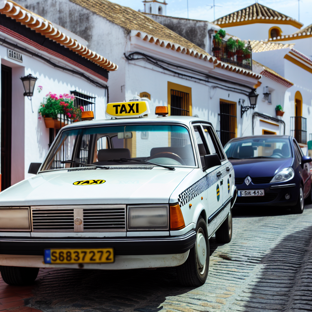 Taxi voor witte gebouwen in een pittoreske straat.