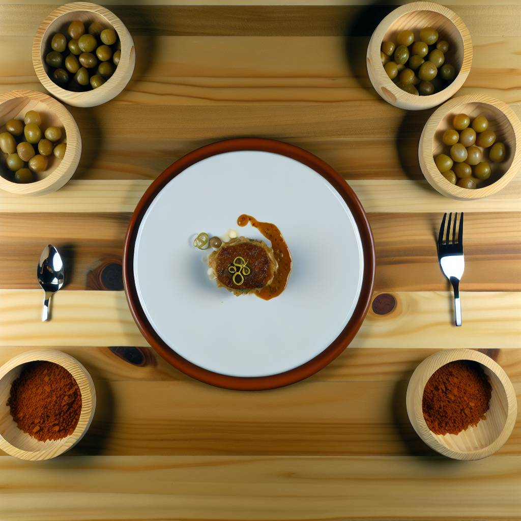 Gourmet gerecht met saus op wit bord, olijven en specerijen.