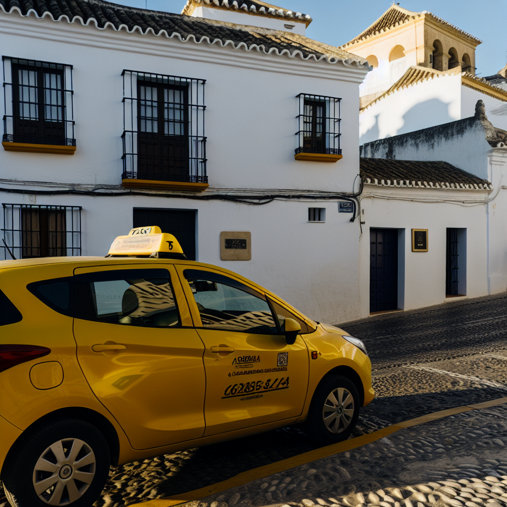 Gele taxi voor wit Spaans gebouw.