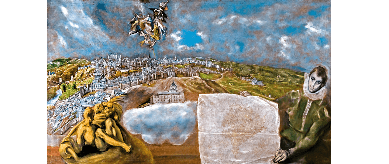 Uitzicht en plattegrond van Toledo.  El Greco.  Olieverf op doek, 132 x 228 cm