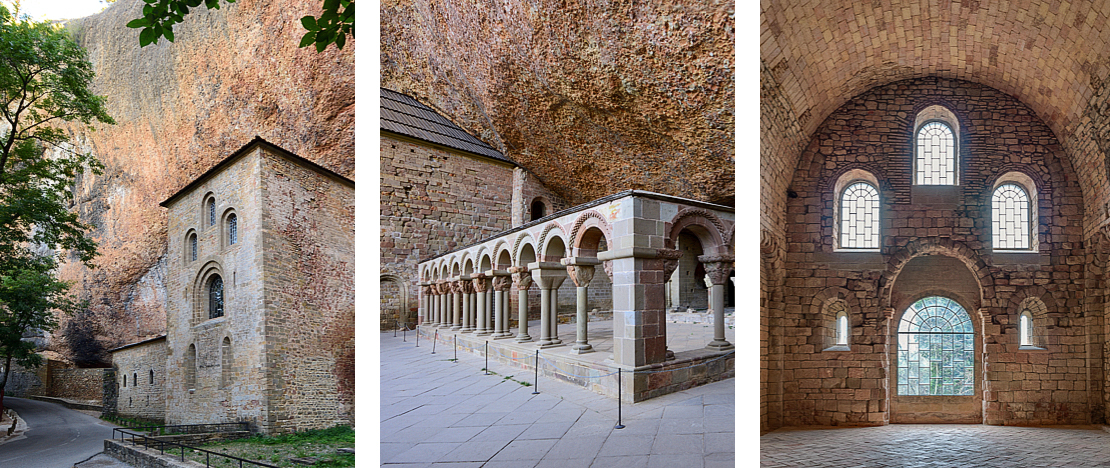 Links: Gezicht op het klooster van Oseira / Midden: 12e-eeuws klooster / Rechts: Detail van de ramen van de Iglesia Superior-kerk in het klooster van San Juan de la Peña, in Huesca, Aragón