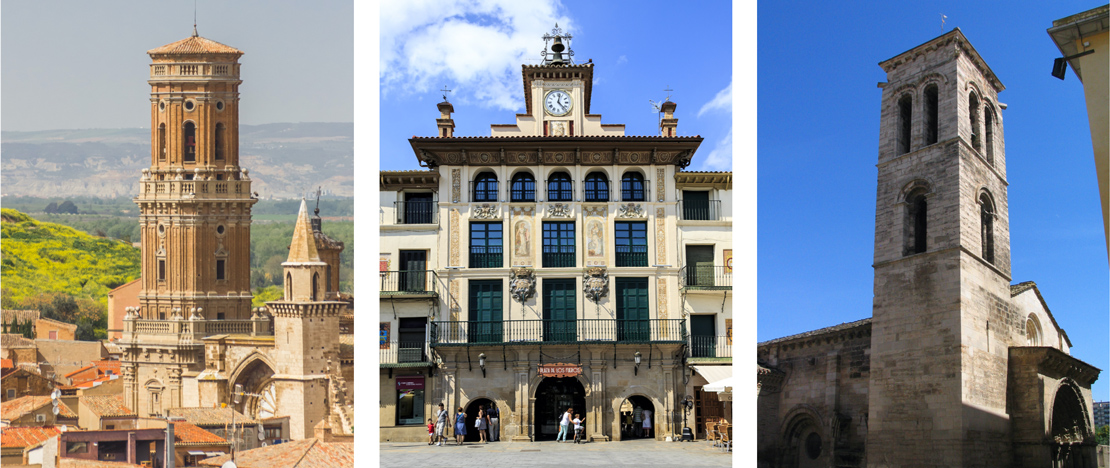 Links: Gotische kathedraal/Midden: Plaza de los Fueros ©KarSol/Rechts: Kerk van La Magdalena in Tudela, Navarra