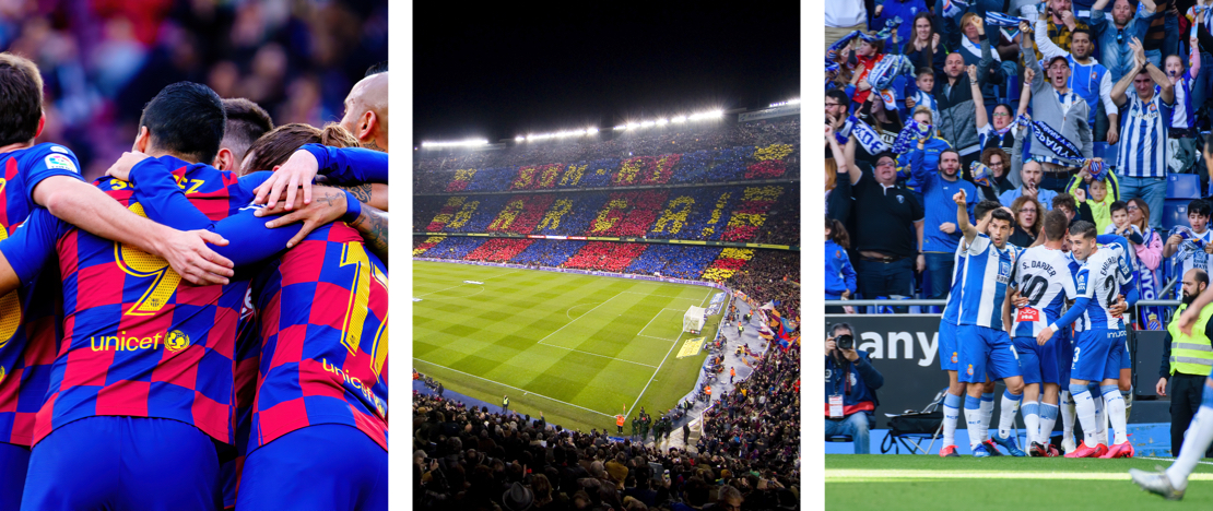 Stadion met spelers van FC Barcelona en RCD Espanyol de Barcelona, ​​Catalonië