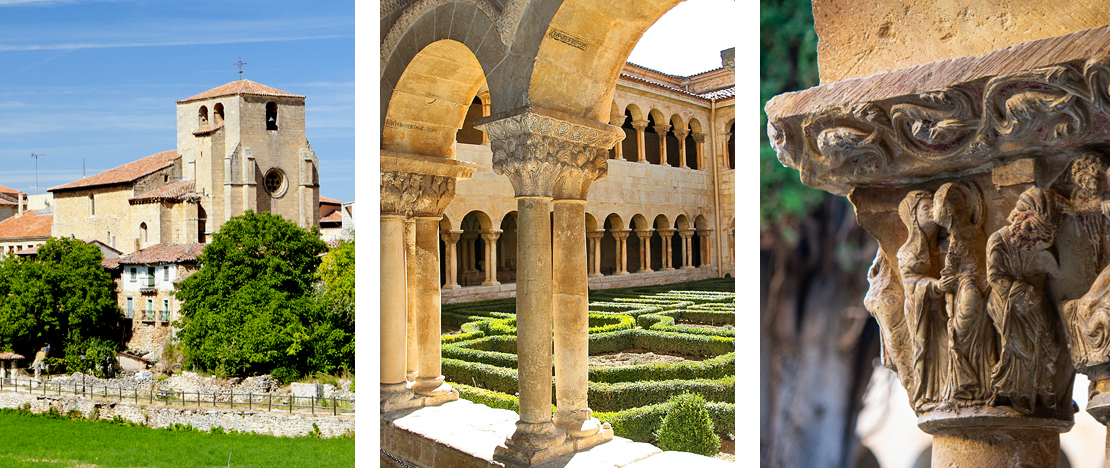 Links: Gezicht op het klooster van Oseira / Midden: Romaanse kloostergang ©Juan Carlos Marcos / Rechts: Detail van het klooster van het klooster van Santo Domingo de Silos, Castilla y León