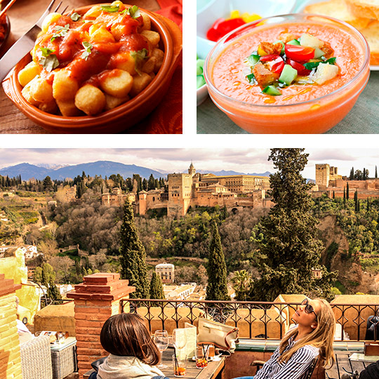 Het Alhambra-paleis, Granada.  Gazpacho en patatas bravas tapas