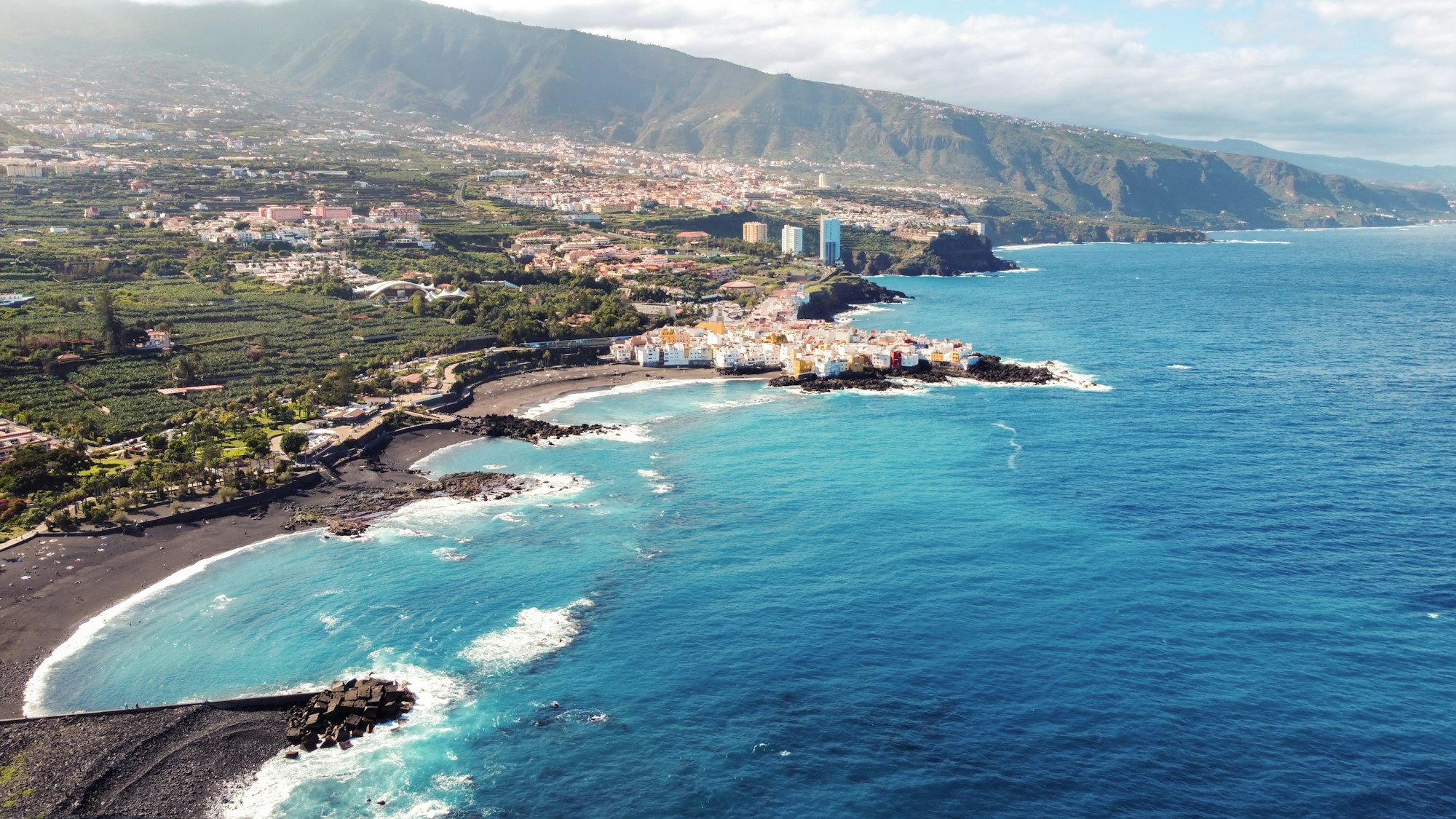 Aerial drone view of Puerto de la Cruz in Tenerife, Canary Islands