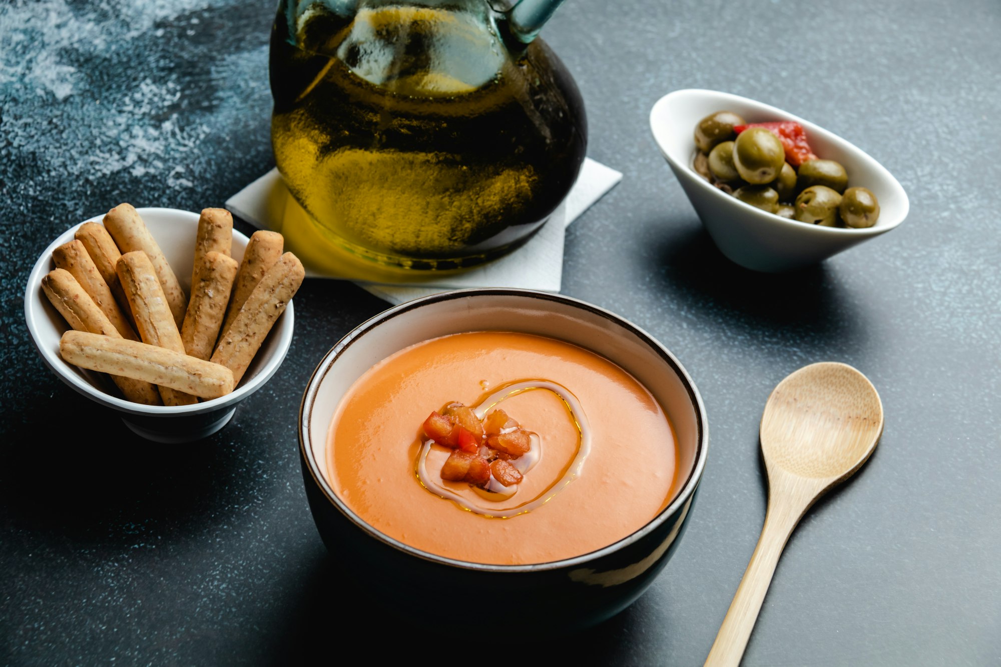 bowl with salmorejo, a typical spanish tomato soup similar to the gazpacho
