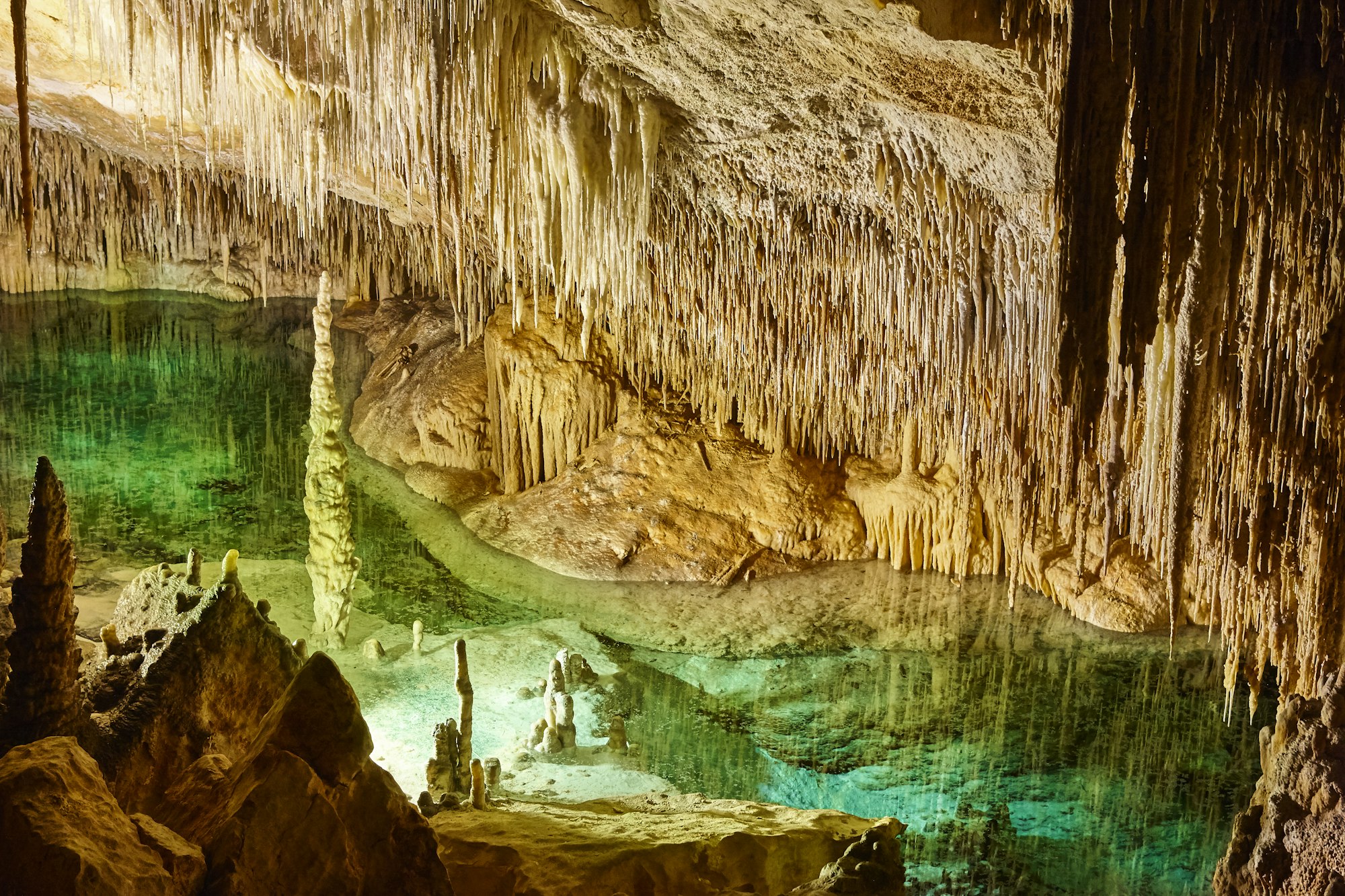 Green waters in a cave. Cuevas del Drach. Mallorca, Spain